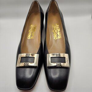 Salvatore Ferragamo Black Leather Buckle Low Heel Pumps — Size 9.5 AAAA